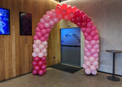 balloon arch for Falvey's hotel Yomanto Ipswich pink barbie balloons
